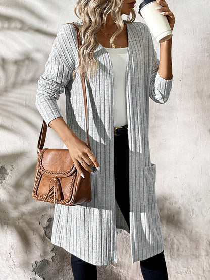 Ribbed Open Front Long Sleeve Cardigan with Pockets-Angel Casuals