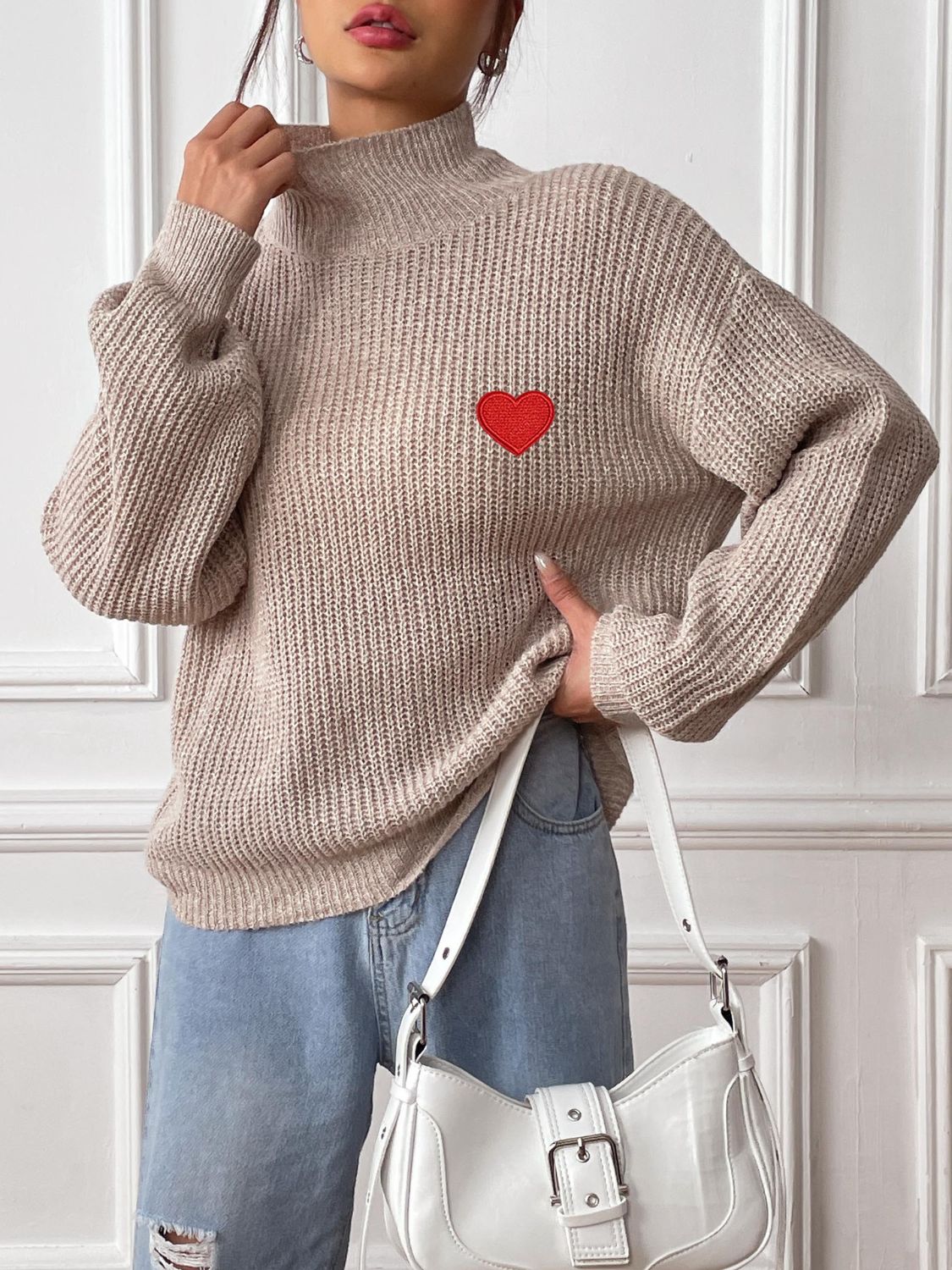 Heart Turtleneck Dropped Shoulder Long Sleeve Sweater-Angel Casuals