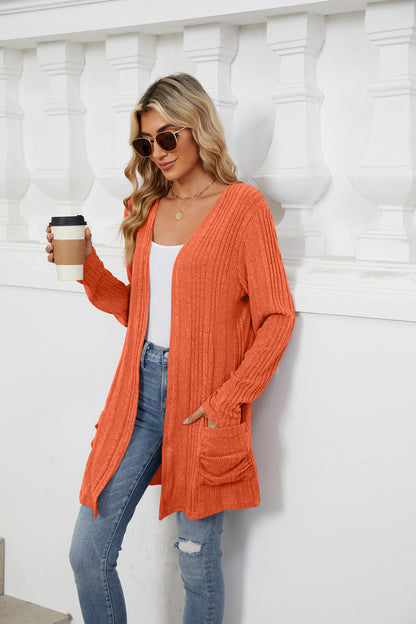 Pocketed Open Front Long Sleeve Cardigan-Angel Casuals