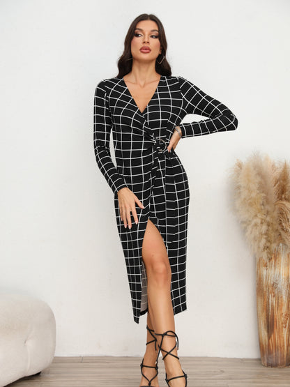 Plaid Long Sleeve Slit Dress-Angel Casuals