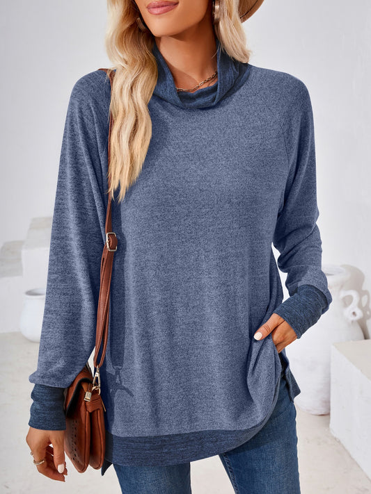 Contrast Mock Neck Long Sleeve T-Shirt-Angel Casuals