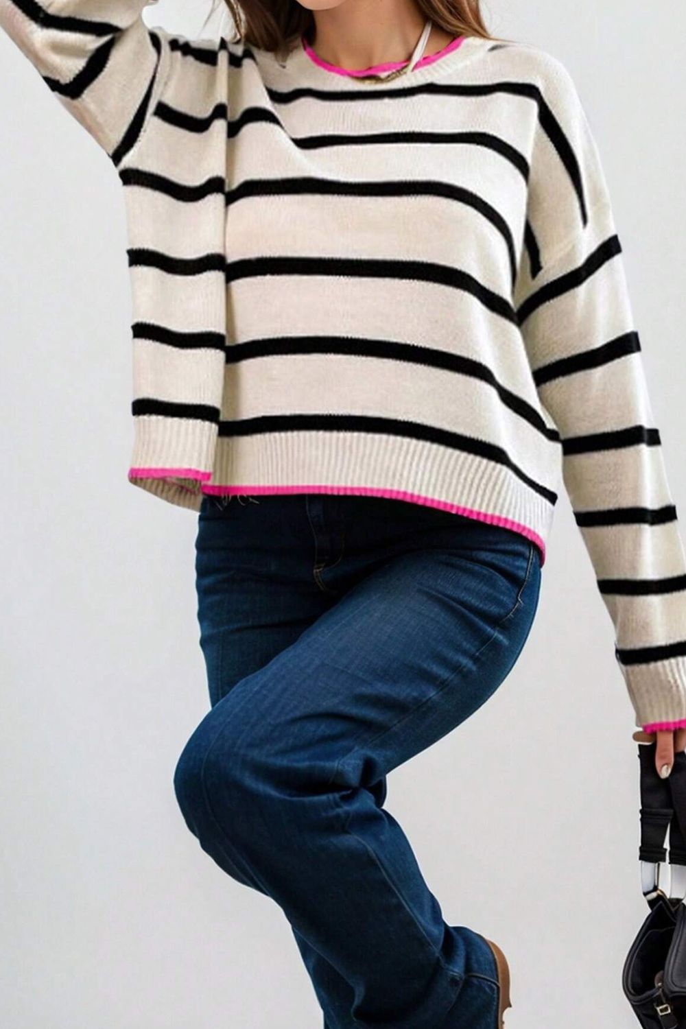 Striped Round Neck Drop Shoulder Sweater-Angel Casuals