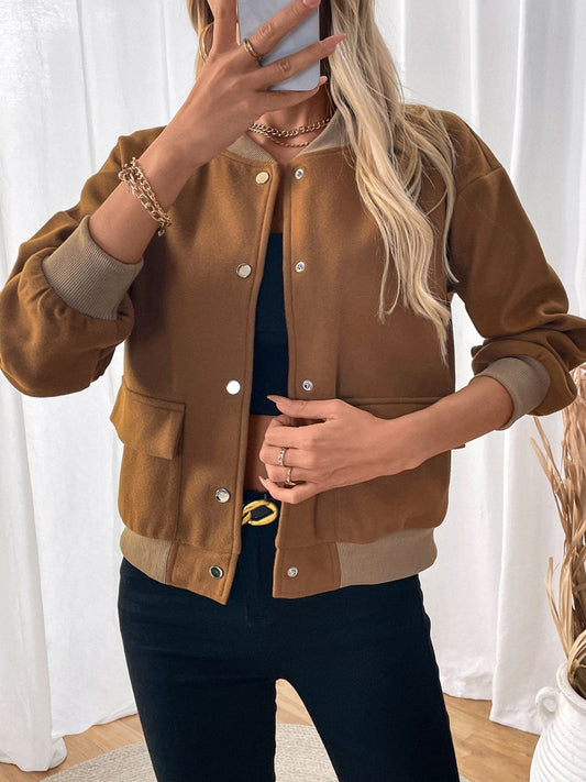 Perfee Baseball Collar Snap Down Long Sleeve Jacket-Angel Casuals