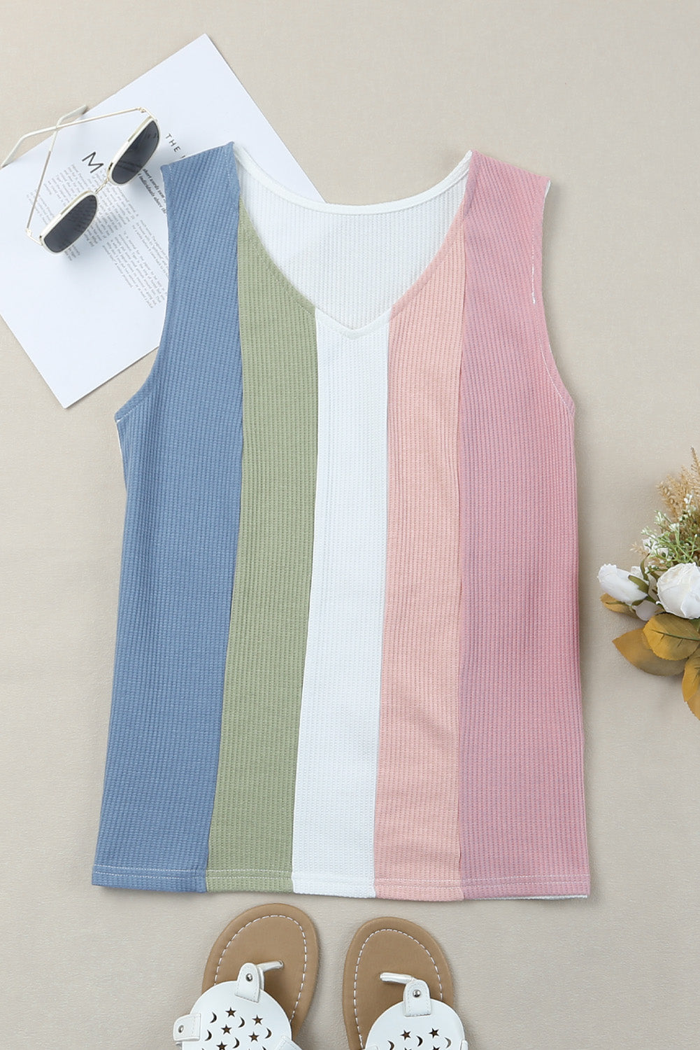 Multicolored Striped Waffle-Knit Sleeveless Tank-Angel Casuals