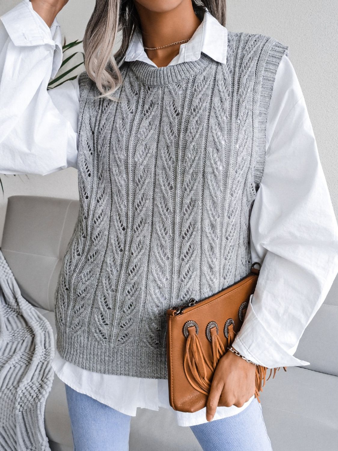 Round Neck Openwork Capped Sleeve Sweater Vest-Angel Casuals