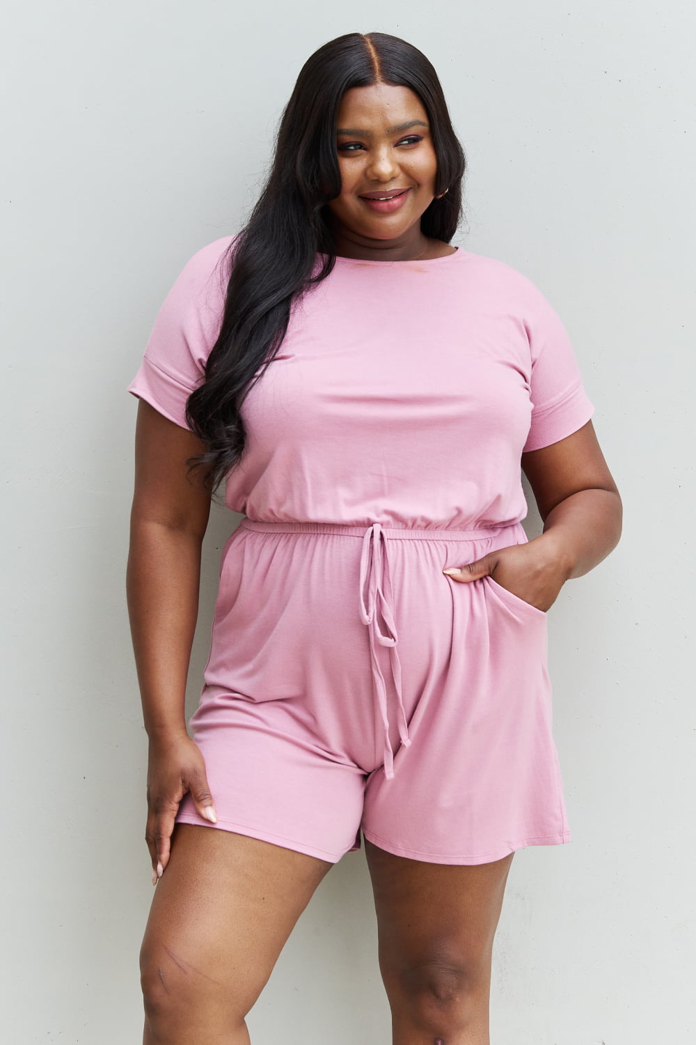 Zenana Chilled Out Full Size Short Sleeve Romper in Light Carnation Pink-Angel Casuals