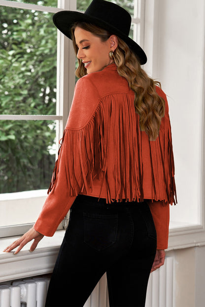 Fringe Trim Lapel Collar Cropped Blazer-Angel Casuals