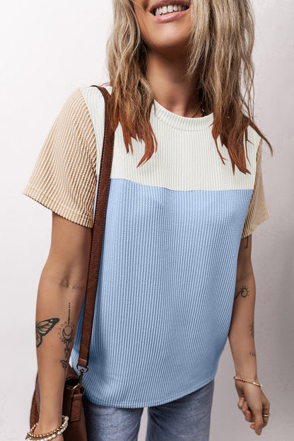 Color Block Round Neck Short Sleeve T-Shirt-Angel Casuals