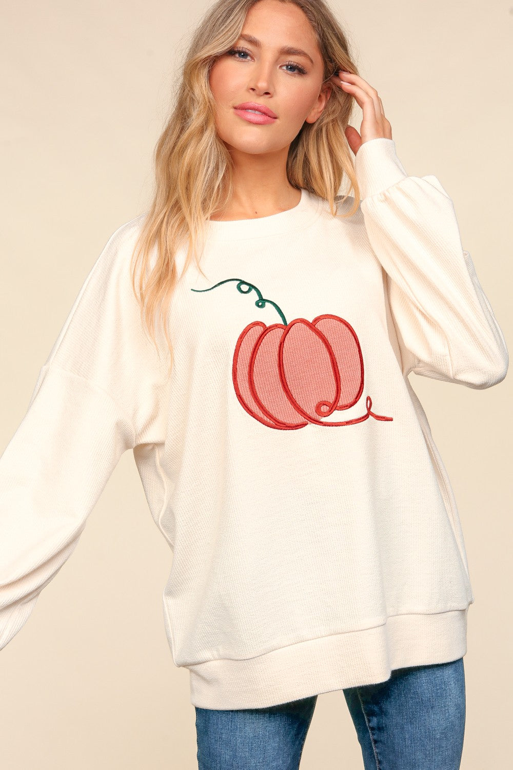 Haptics Full Size Embroidery Pumpkin Long Sleeve Knit Top-Angel Casuals