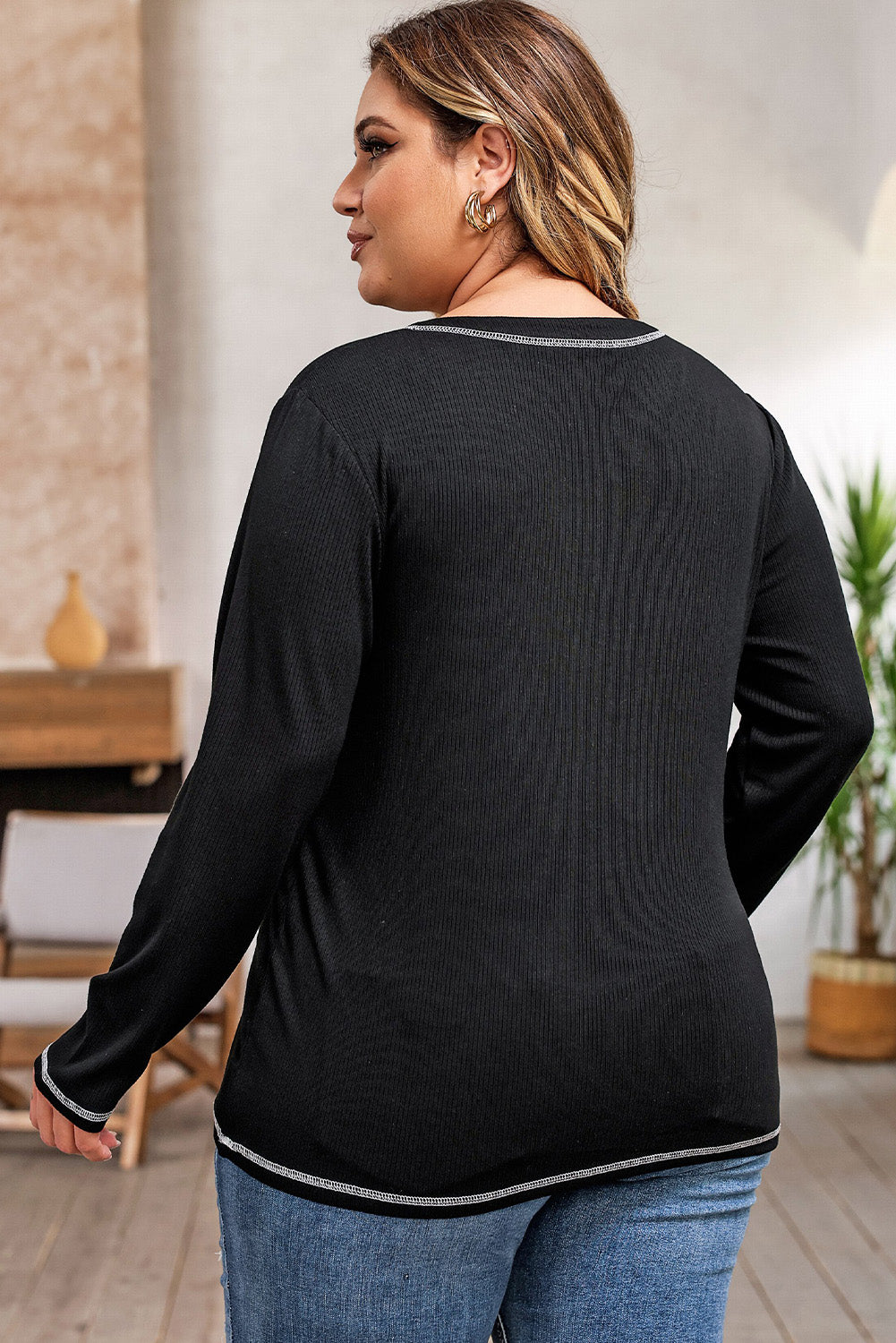 Plus Size Notched Neck Long Sleeve T-Shirt-Angel Casuals