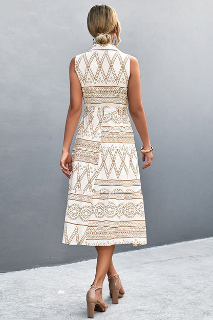 Printed Button Front Tie-Waist Sleeveless Collared Dress-Angel Casuals