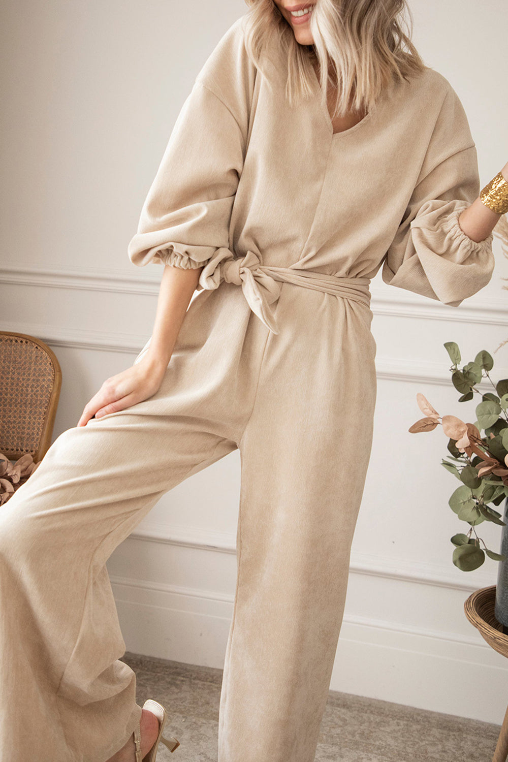 V-Neck Tie Waist Wide Leg Jumpsuit-Angel Casuals