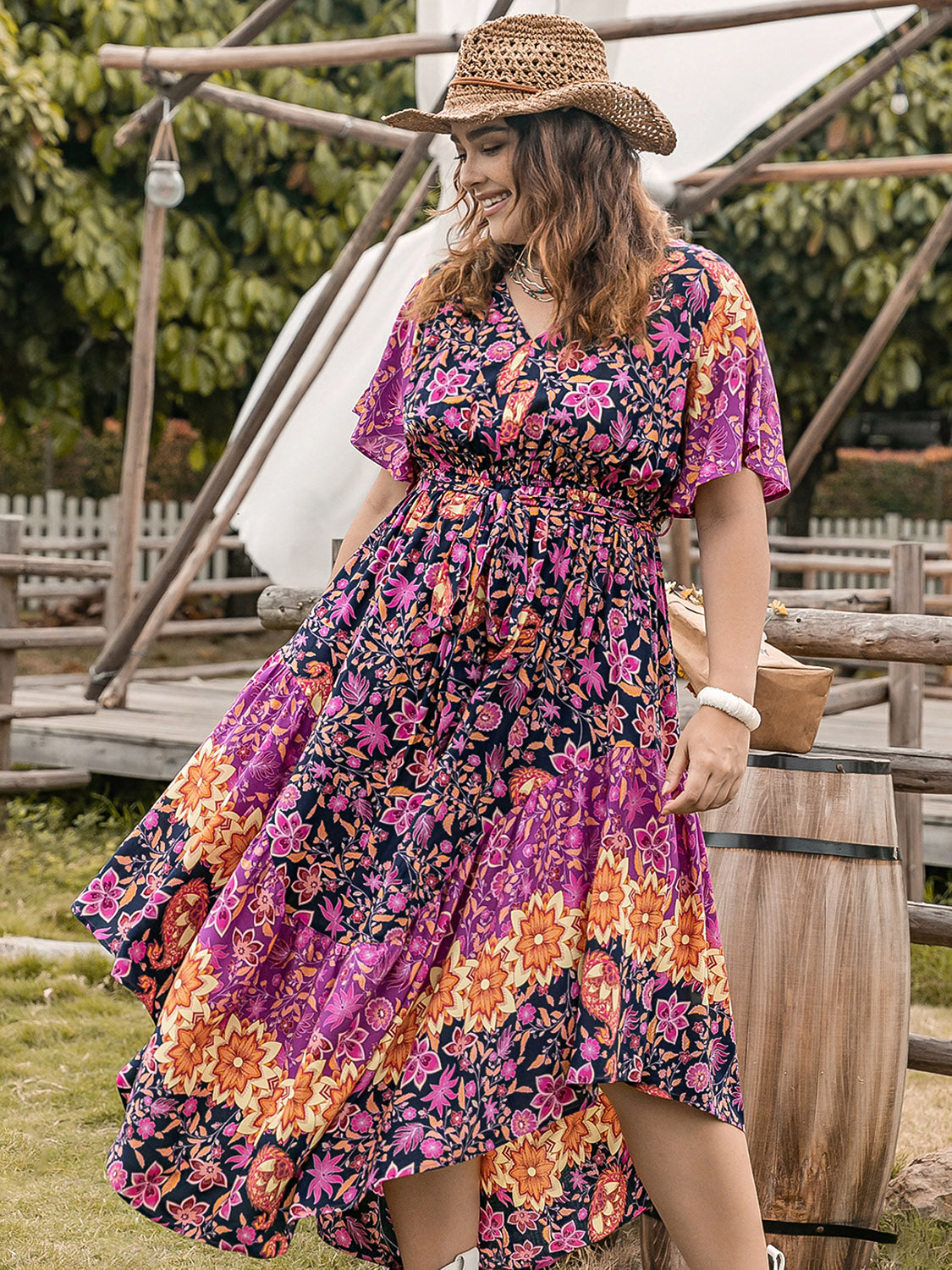 Plus Size Printed V-Neck Flutter Sleeve Midi Dress-Angel Casuals