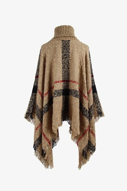 Plaid Turtleneck Raw Hem Poncho-Angel Casuals