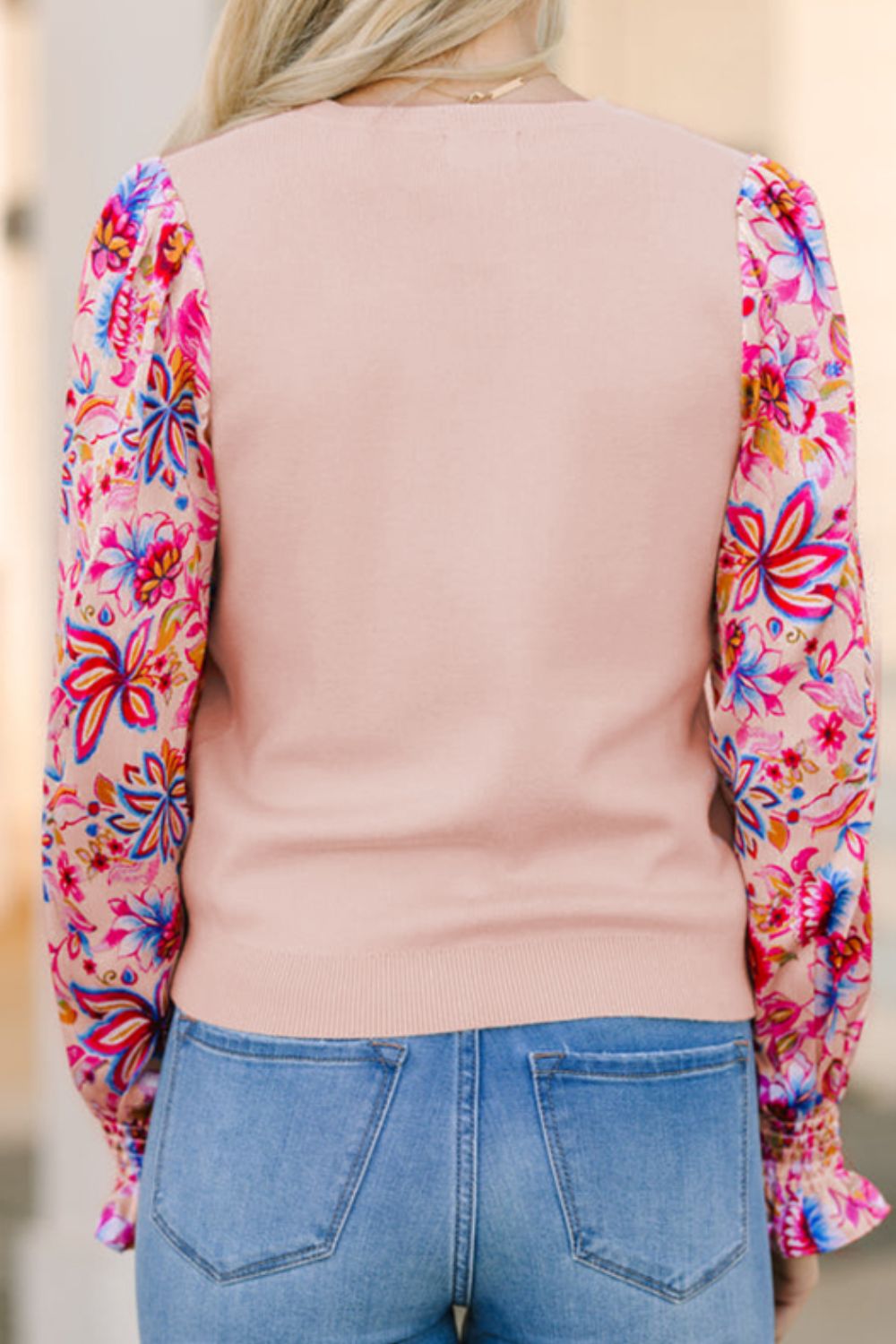 Printed Round Neck Flounce Sleeve Sweater-Angel Casuals