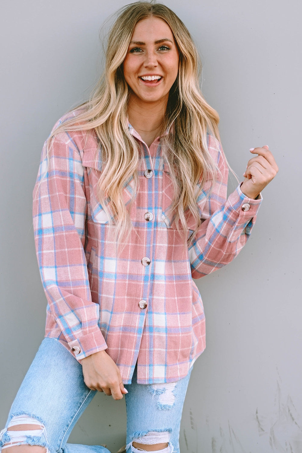Plaid Pocketed Collared Neck Button Up Jacket-Angel Casuals