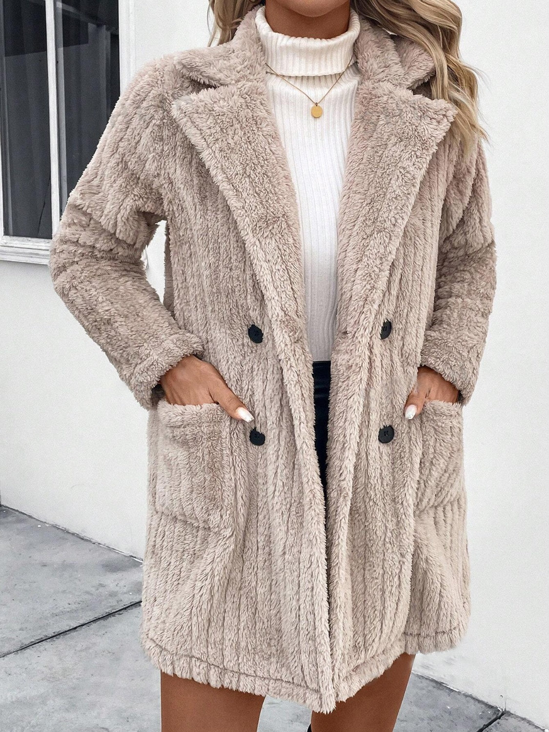 Fuzzy Button Up Long Sleeve Coat with Pockets-Angel Casuals