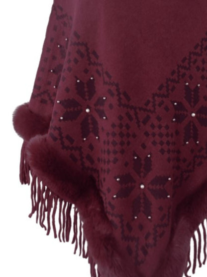 Fringe Geometric Cape Sleeve Poncho-Angel Casuals