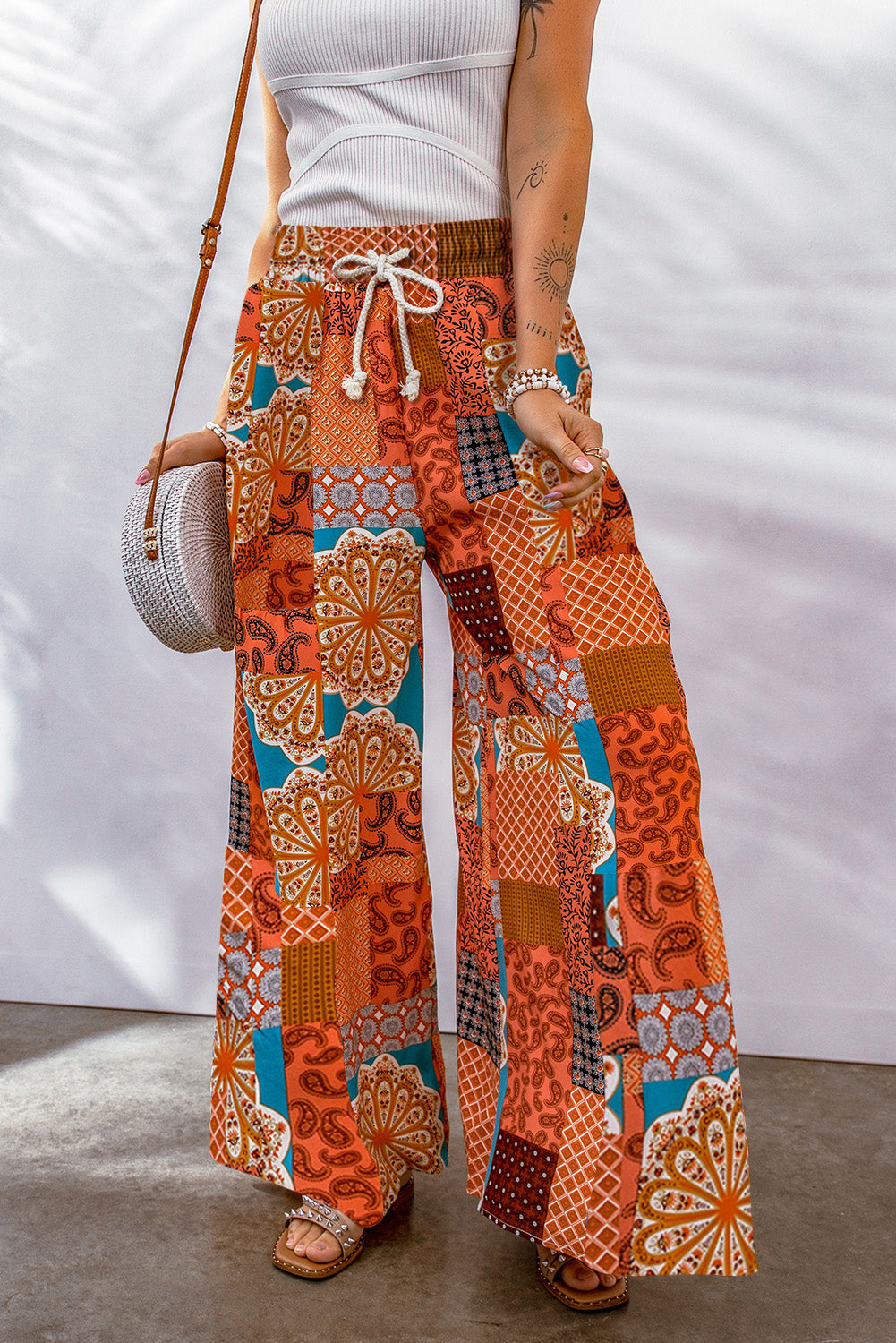 Bohemian Patchwork Drawstring Wide Leg Pants-Angel Casuals