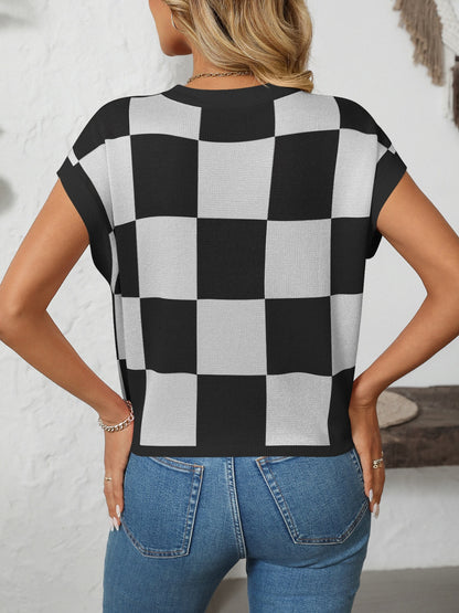 Mandy Checkered Round Neck Cap Sleeve Knit Top-Angel Casuals