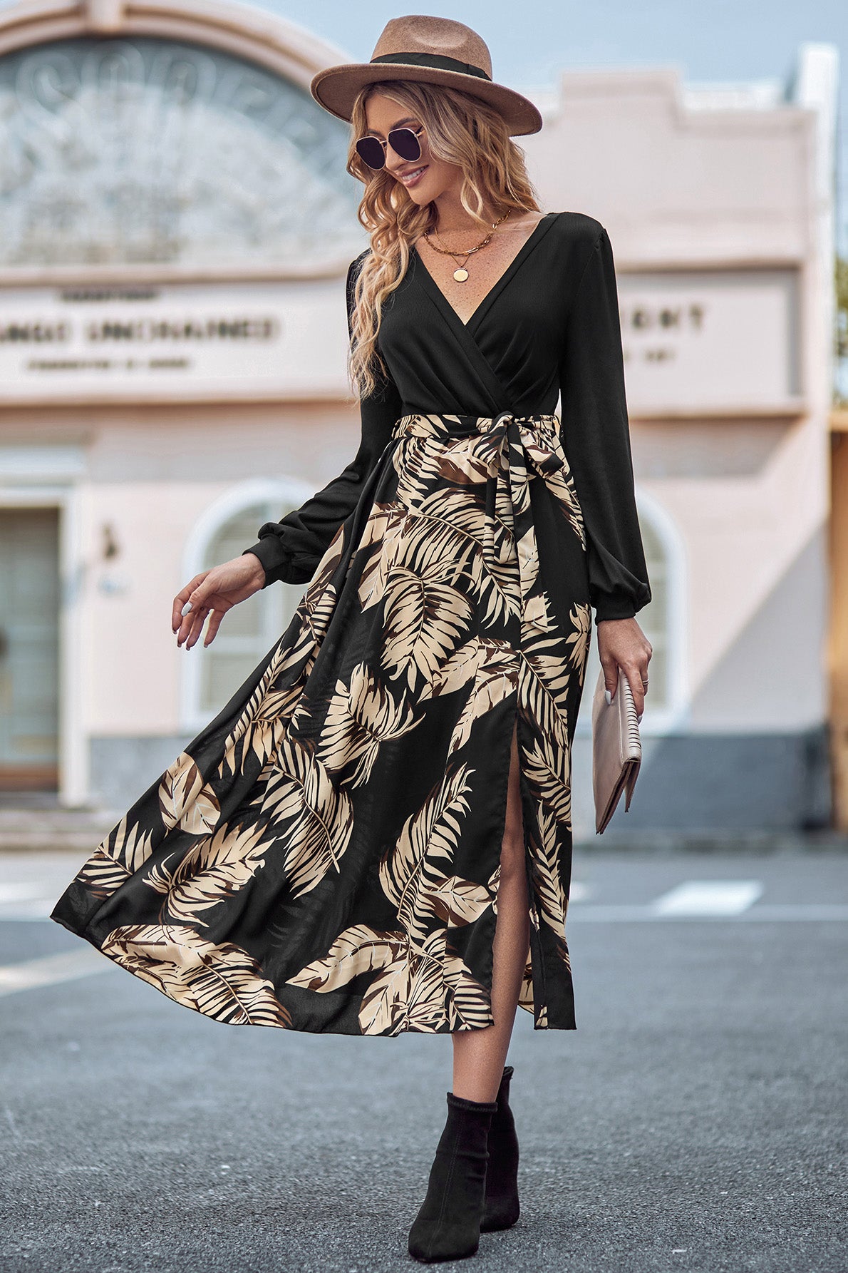 Printed Tie Waist Long Sleeve Dress-Angel Casuals