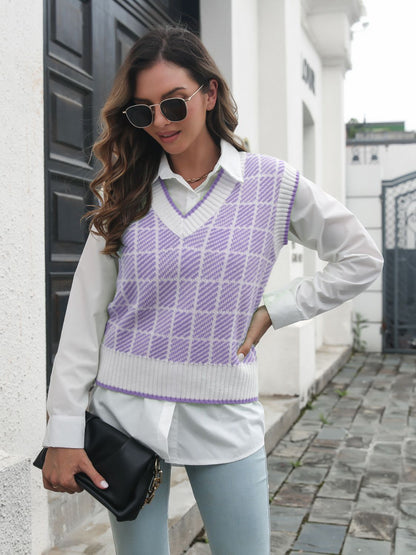 Plaid V-Neck Sweater Vest-Angel Casuals