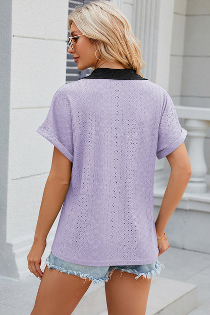 Eyelet Johnny Collar Short Sleeve T-Shirt-Angel Casuals