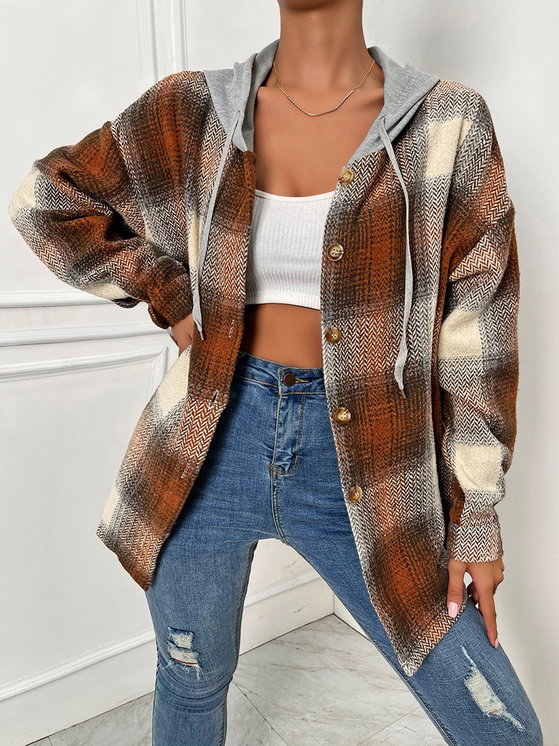 Plaid Drawstring Hooded Jacket-Angel Casuals