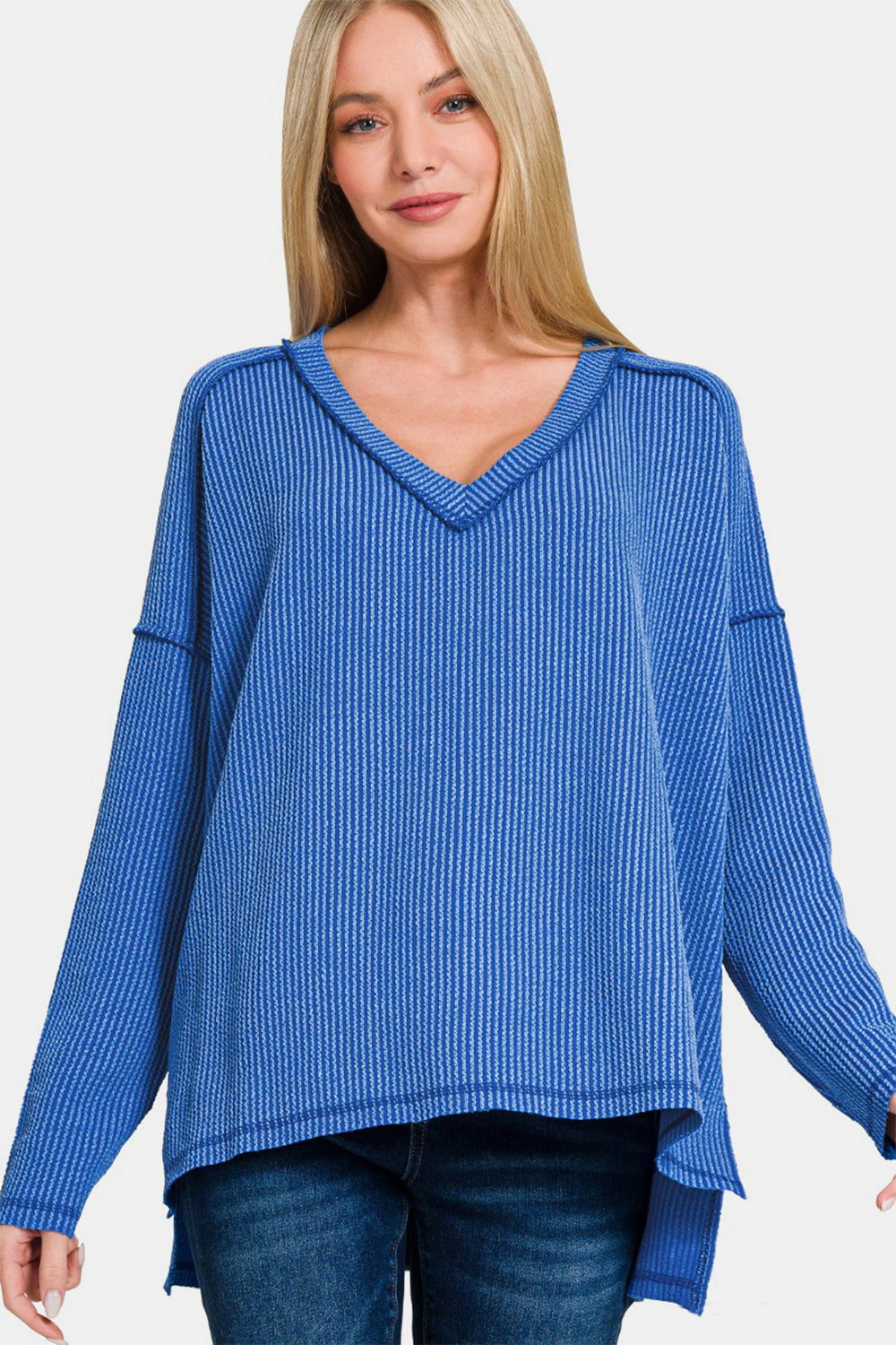 Zenana Texture Exposed Seam V-Neck Long Sleeve T-Shirt-Angel Casuals