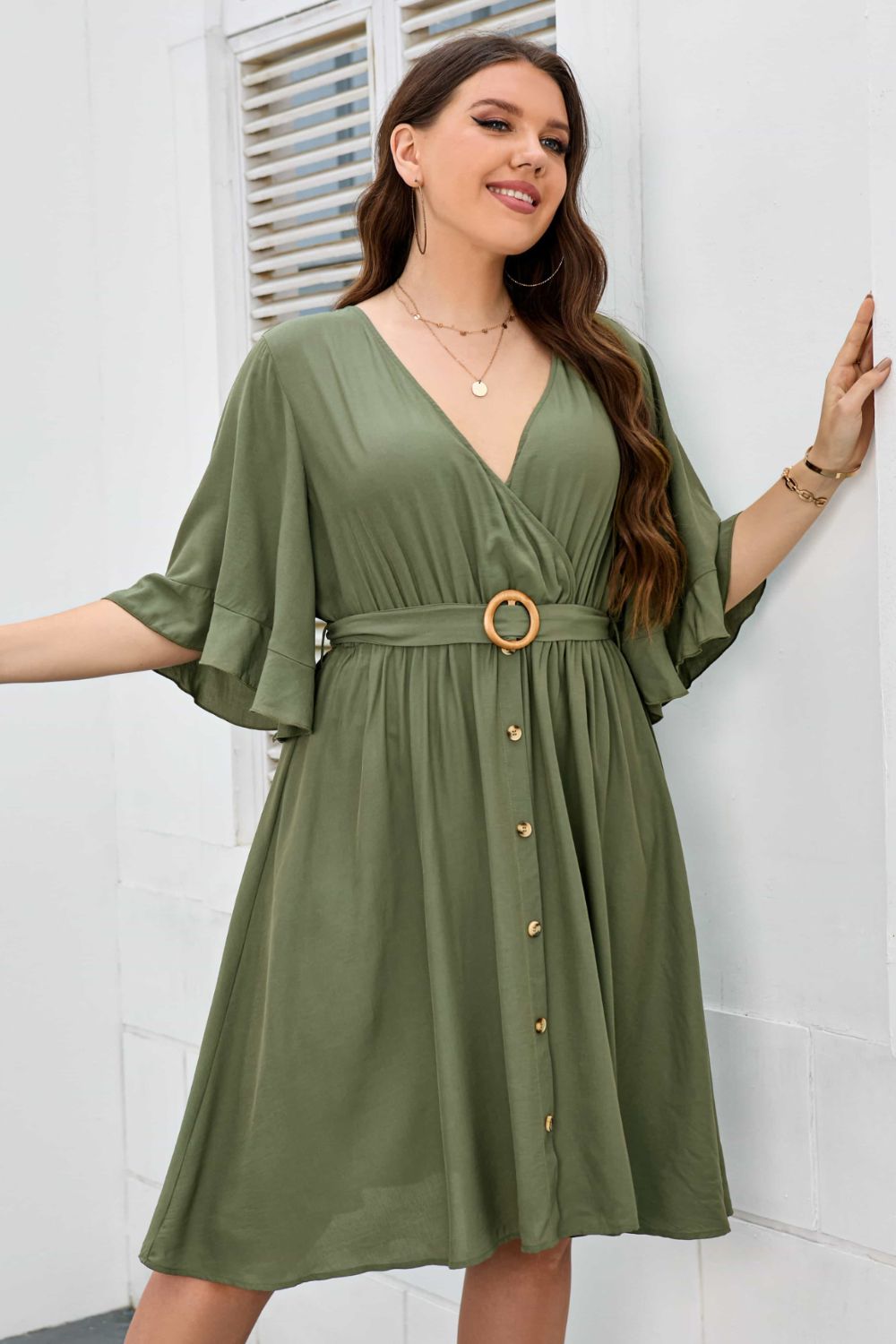 Plus Size Surplice Neck Half Sleeve Dress-Angel Casuals