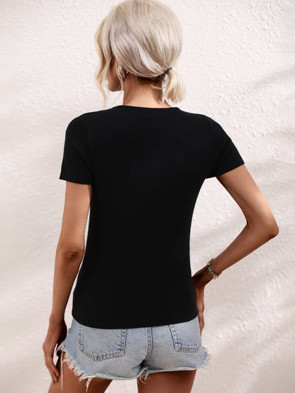 Cutout Round Neck Short Sleeve Knit Top-Angel Casuals