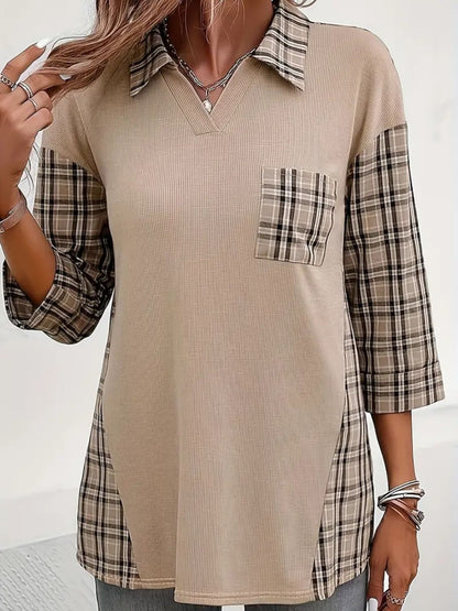 Plaid Johhny Collar Three-Quarter Sleeve T-Shirt-Angel Casuals