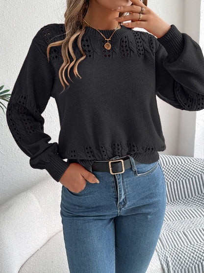 Openwork Round Neck Long Sleeve Sweater-Angel Casuals