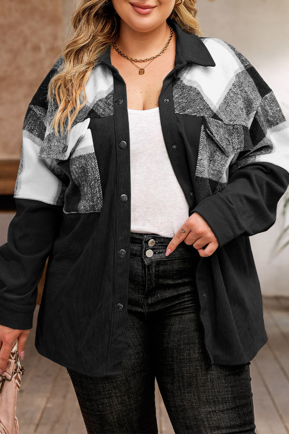 Plus Size Plaid Snap Down Jacket with Pockets-Angel Casuals