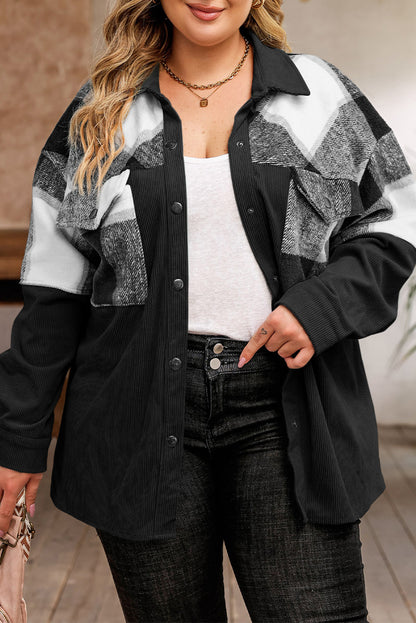 Plus Size Plaid Snap Down Jacket with Pockets-Angel Casuals