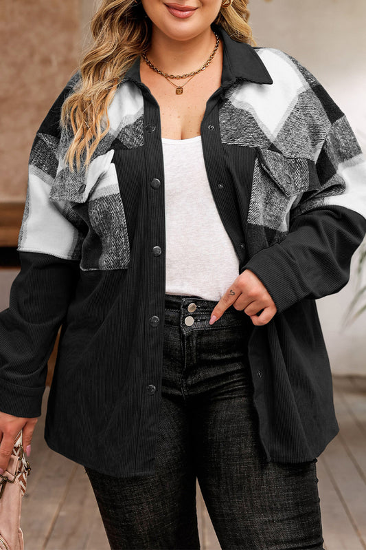 Plus Size Plaid Snap Down Jacket with Pockets-Angel Casuals