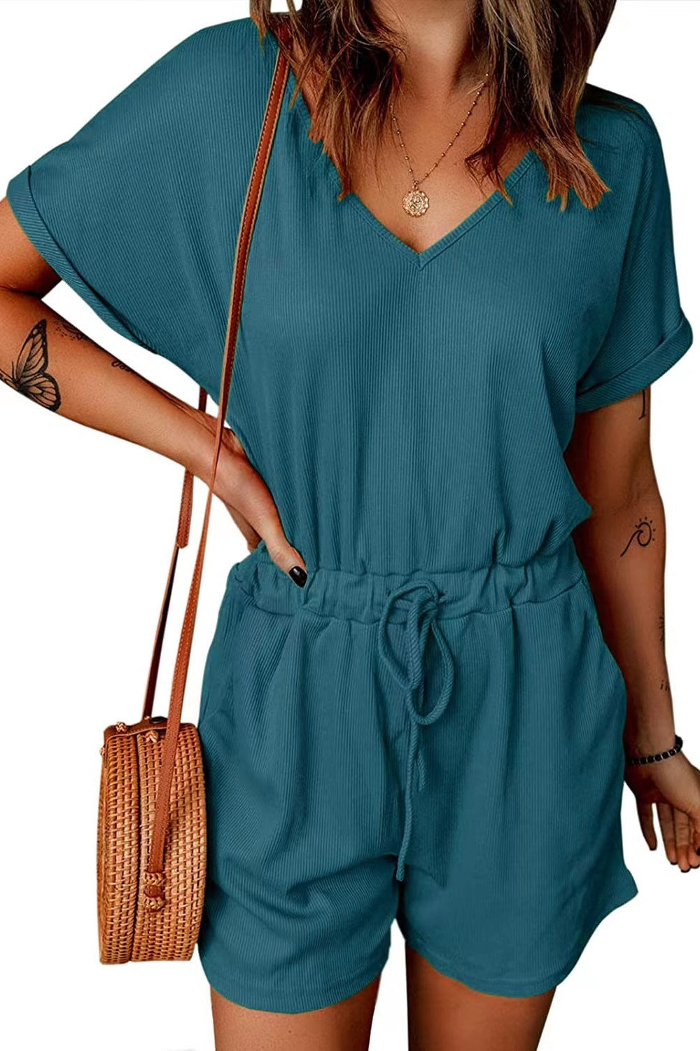 Full Size Drawstring V-Neck Short Sleeve Romper-Angel Casuals