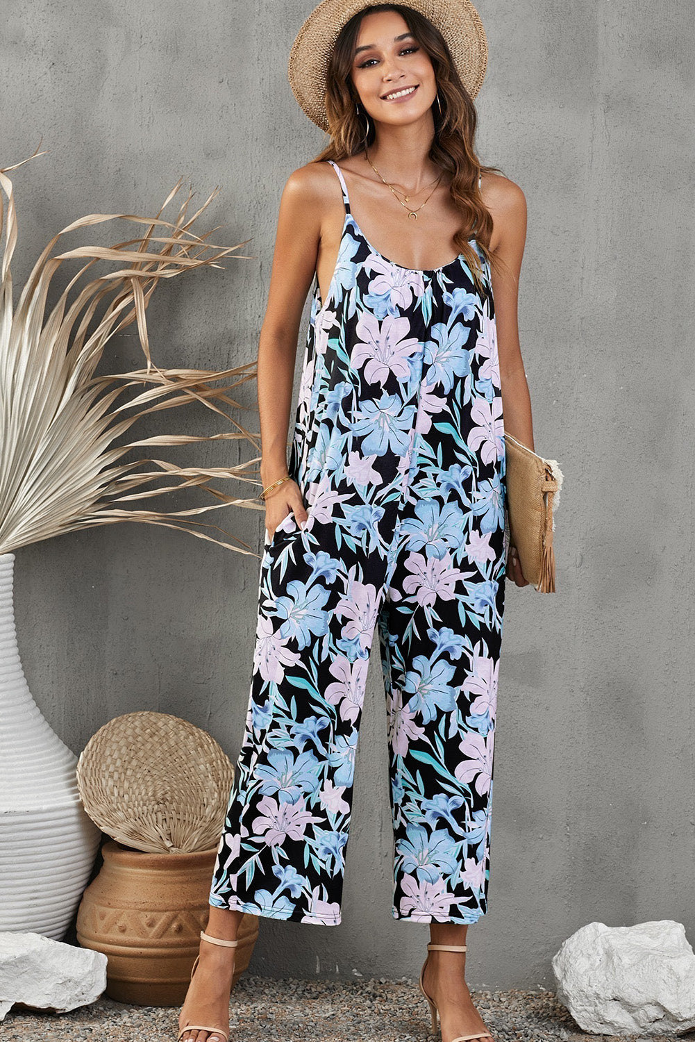 Botanical Print Spaghetti Strap Cropped Jumpsuit-Angel Casuals