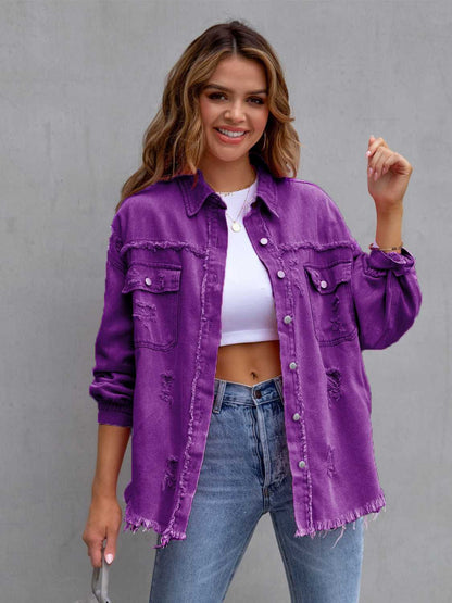 Distressed Drop Shoulder Denim Jacket-Angel Casuals