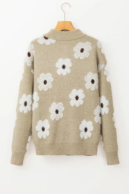 Flower Half Zip Long Sleeve Sweater-Angel Casuals