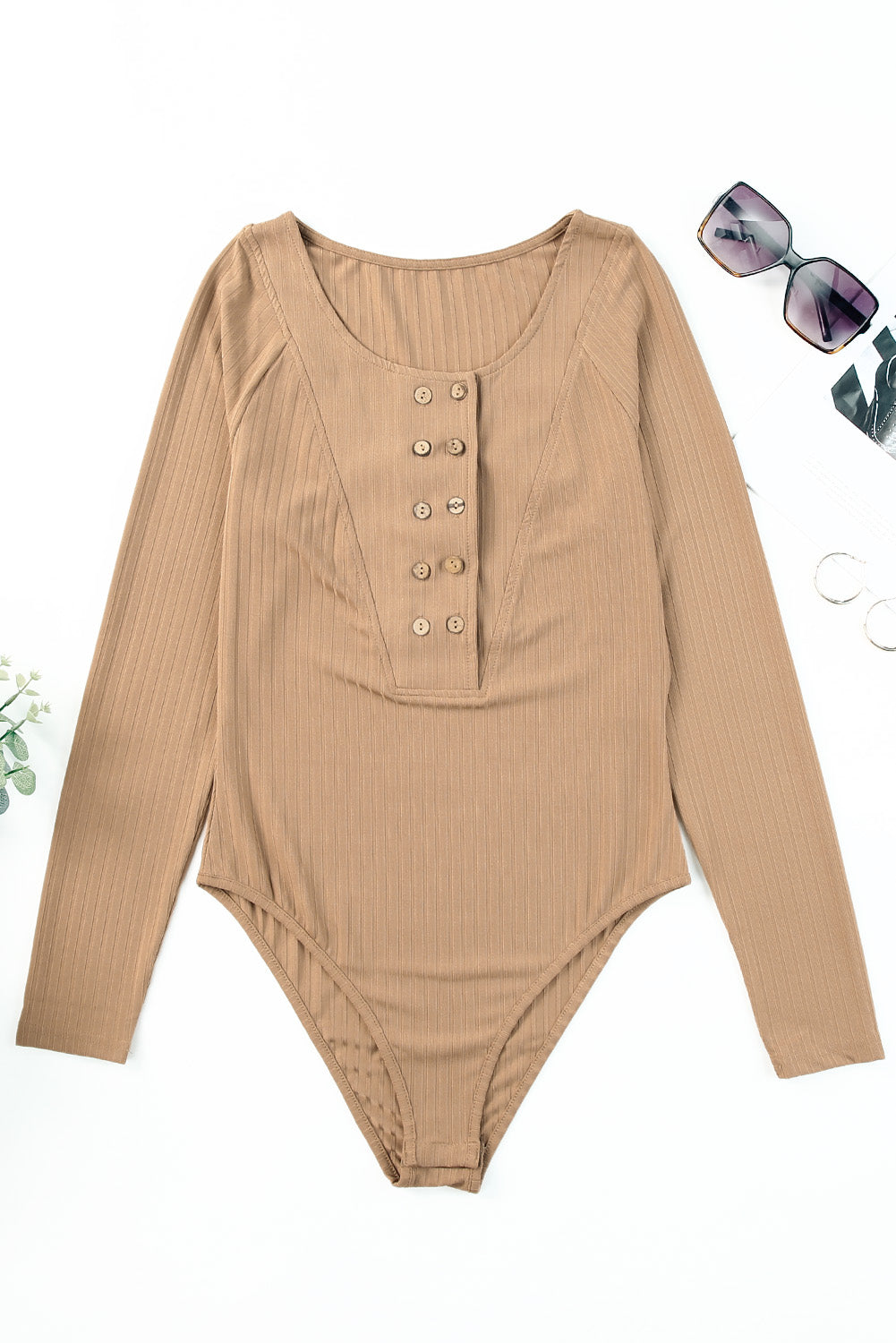 Ribbed Buttoned Long Sleeve Bodysuit-Angel Casuals