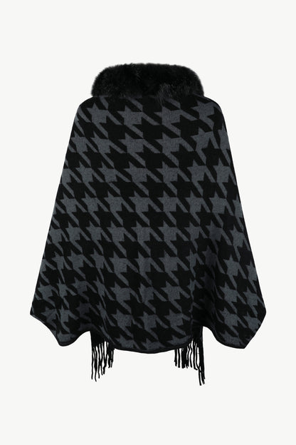 Houndstooth Fringe Hem Poncho-Angel Casuals