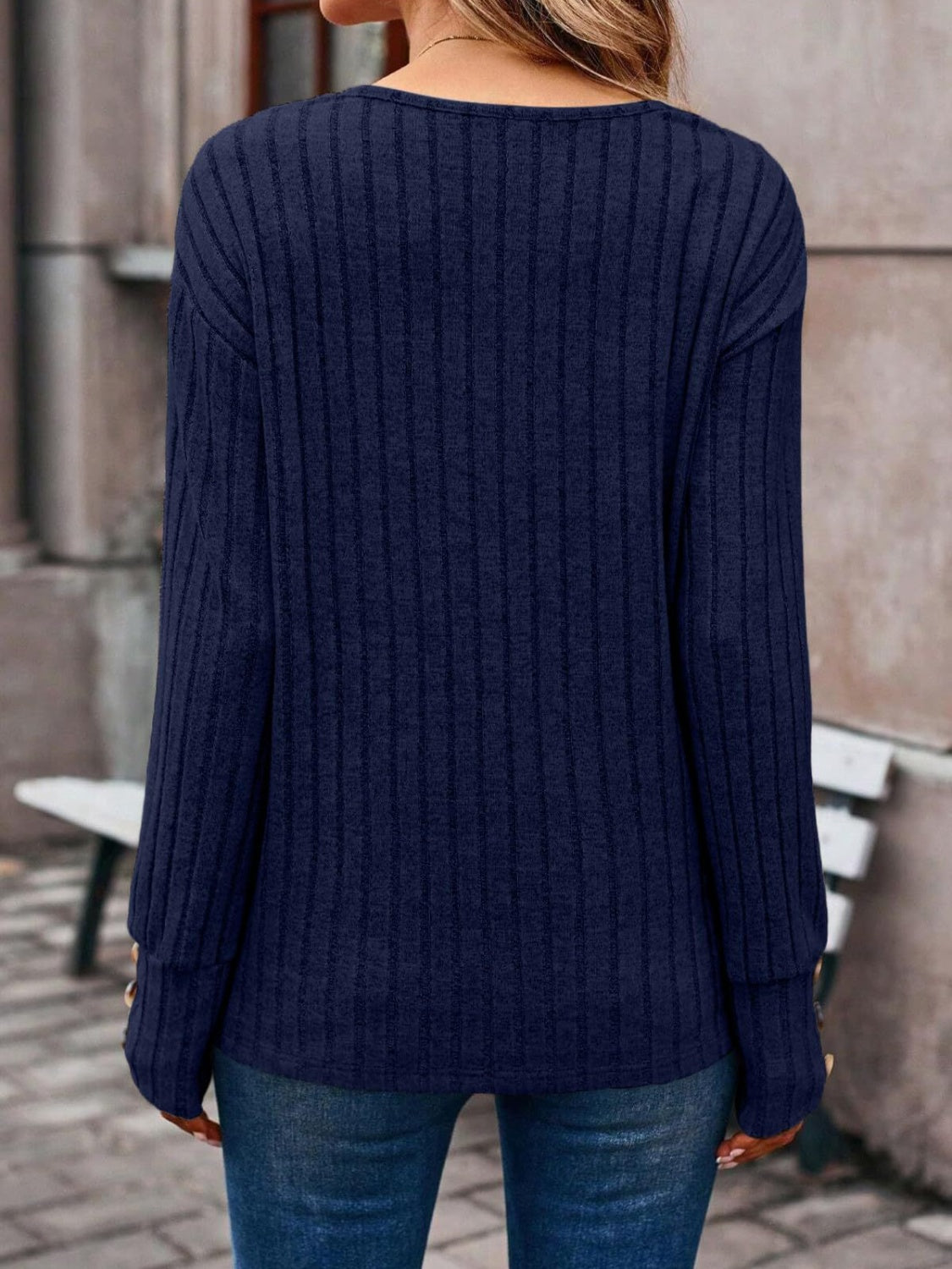 Ribbed V-Neck Long Sleeve T-Shirt-Angel Casuals