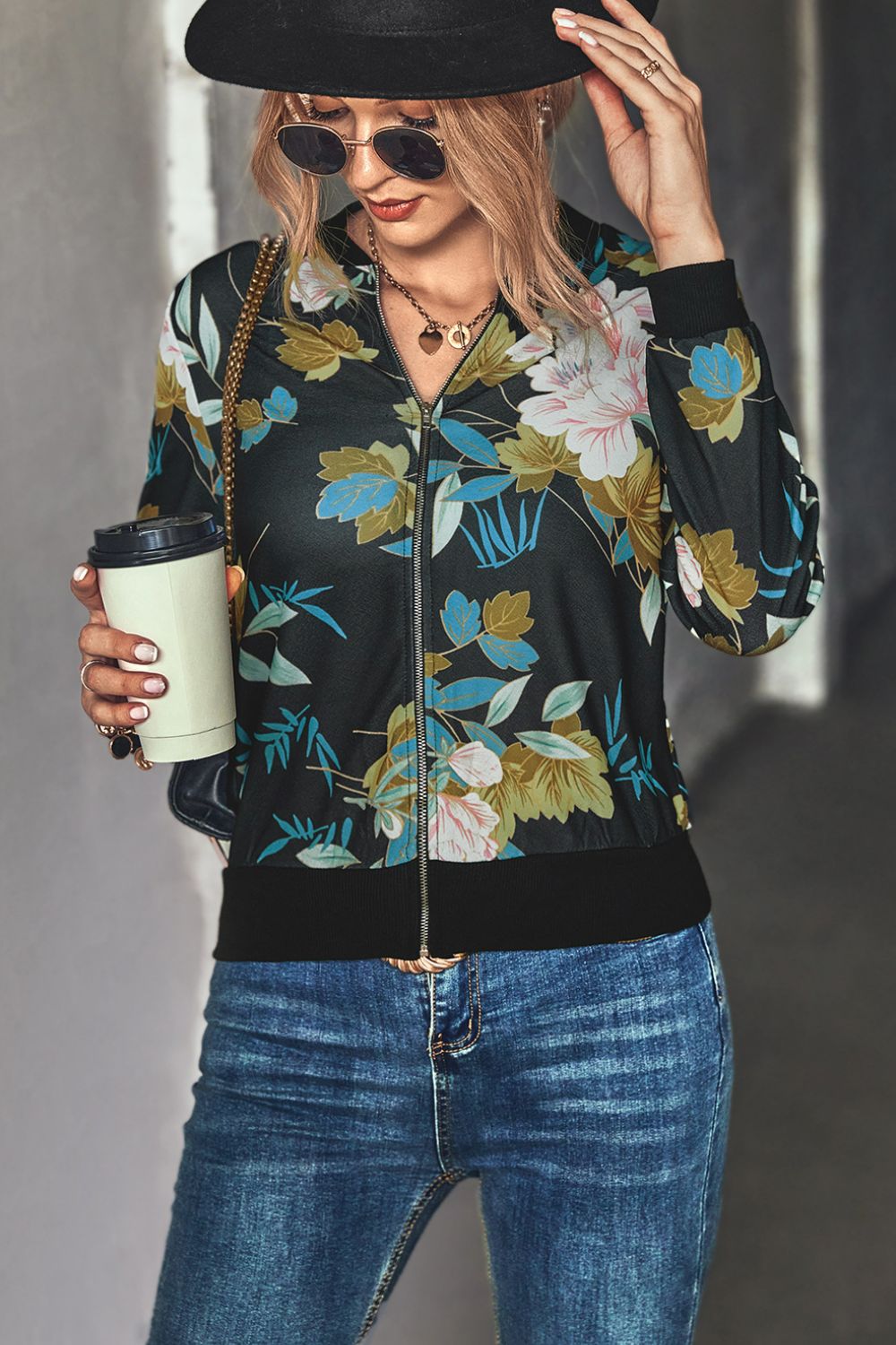 Floral Zip Up Ribbed Trim Bomber Jacket-Angel Casuals