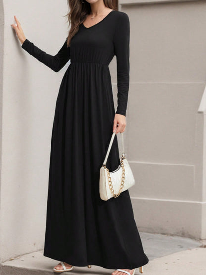 Pocketed V-Neck Long Sleeve Maxi Dress-Angel Casuals