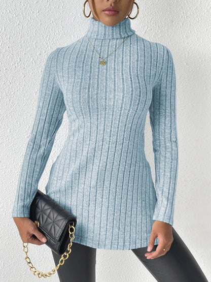 Ribbed Turtleneck Long Sleeve Slit T-Shirt-Angel Casuals