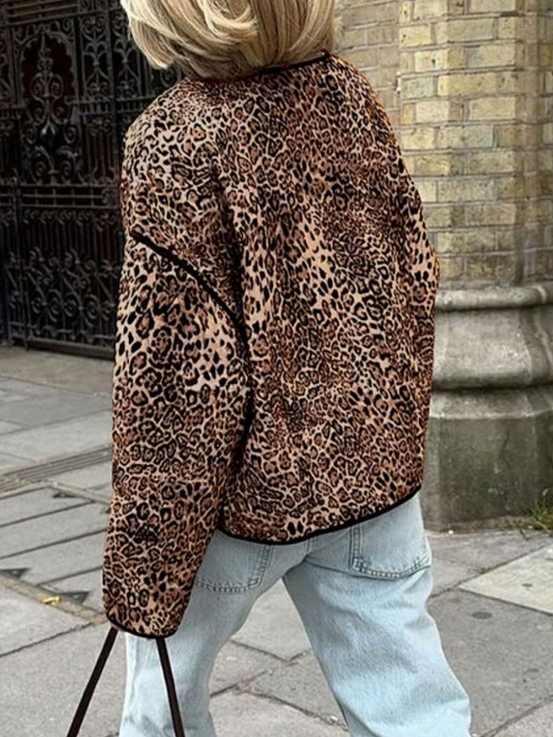 Perfee Leopard Open Front Long Sleeve Jacket-Angel Casuals