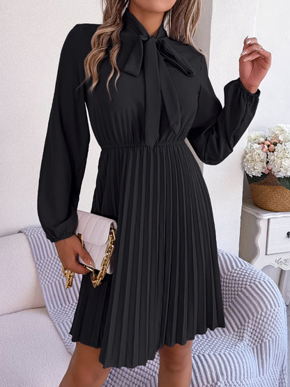 Tie Neck Balloon Sleeve Pleated Dress-Angel Casuals