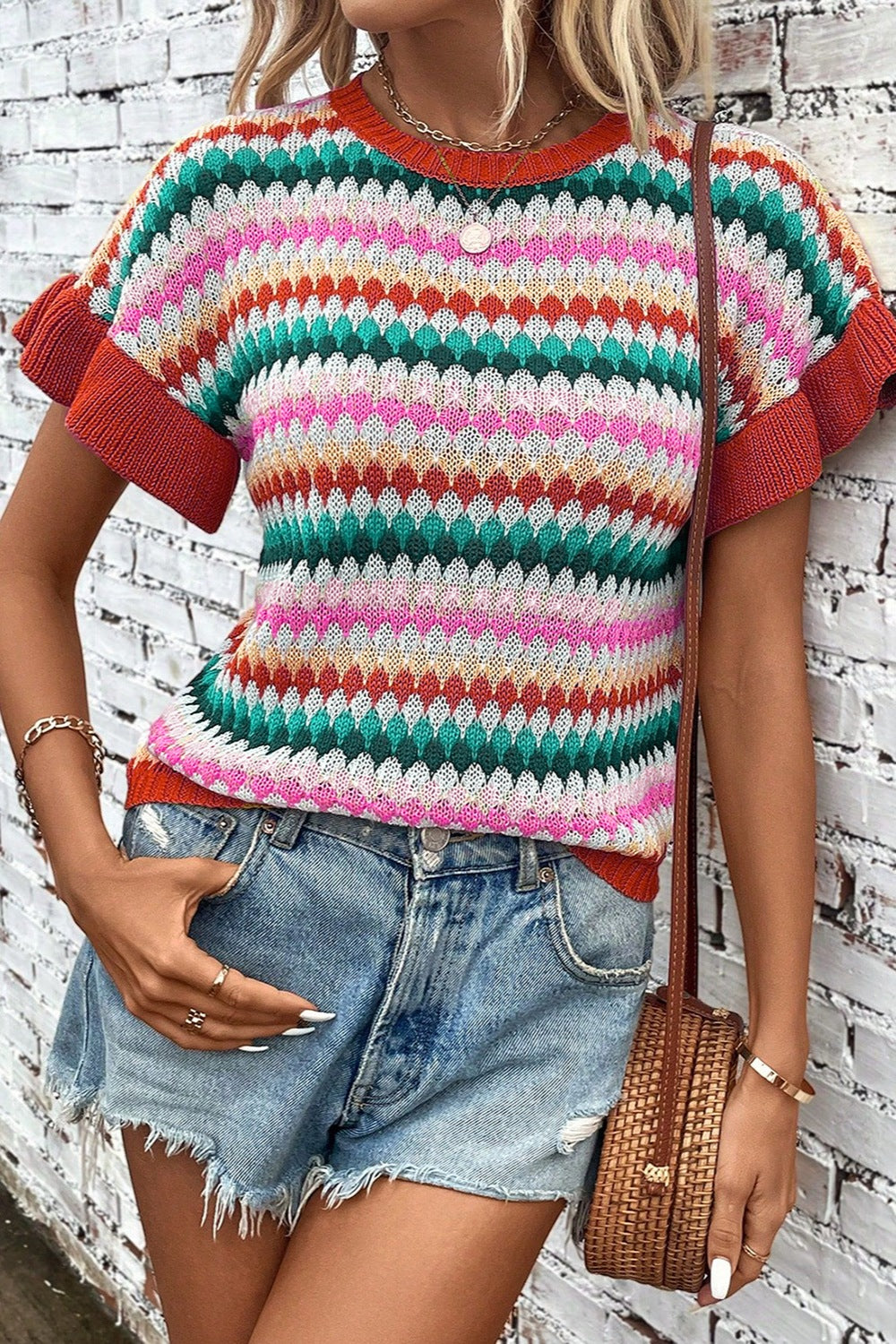 Striped Round Neck Short Sleeve Sweater-Angel Casuals