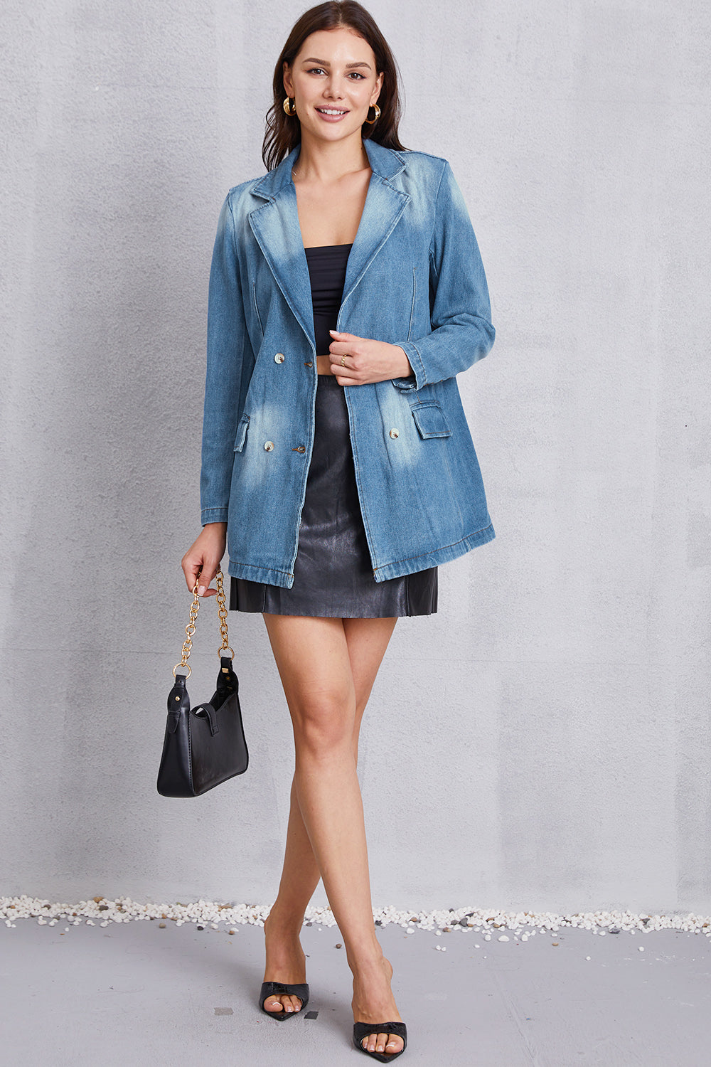 Lapel Collar Washed Denim Top-Angel Casuals